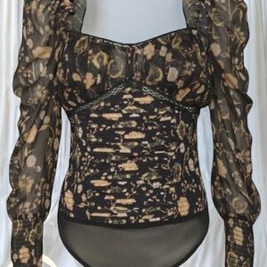 Floral Black and Tan Bodysuit Blouse Size XS NWT